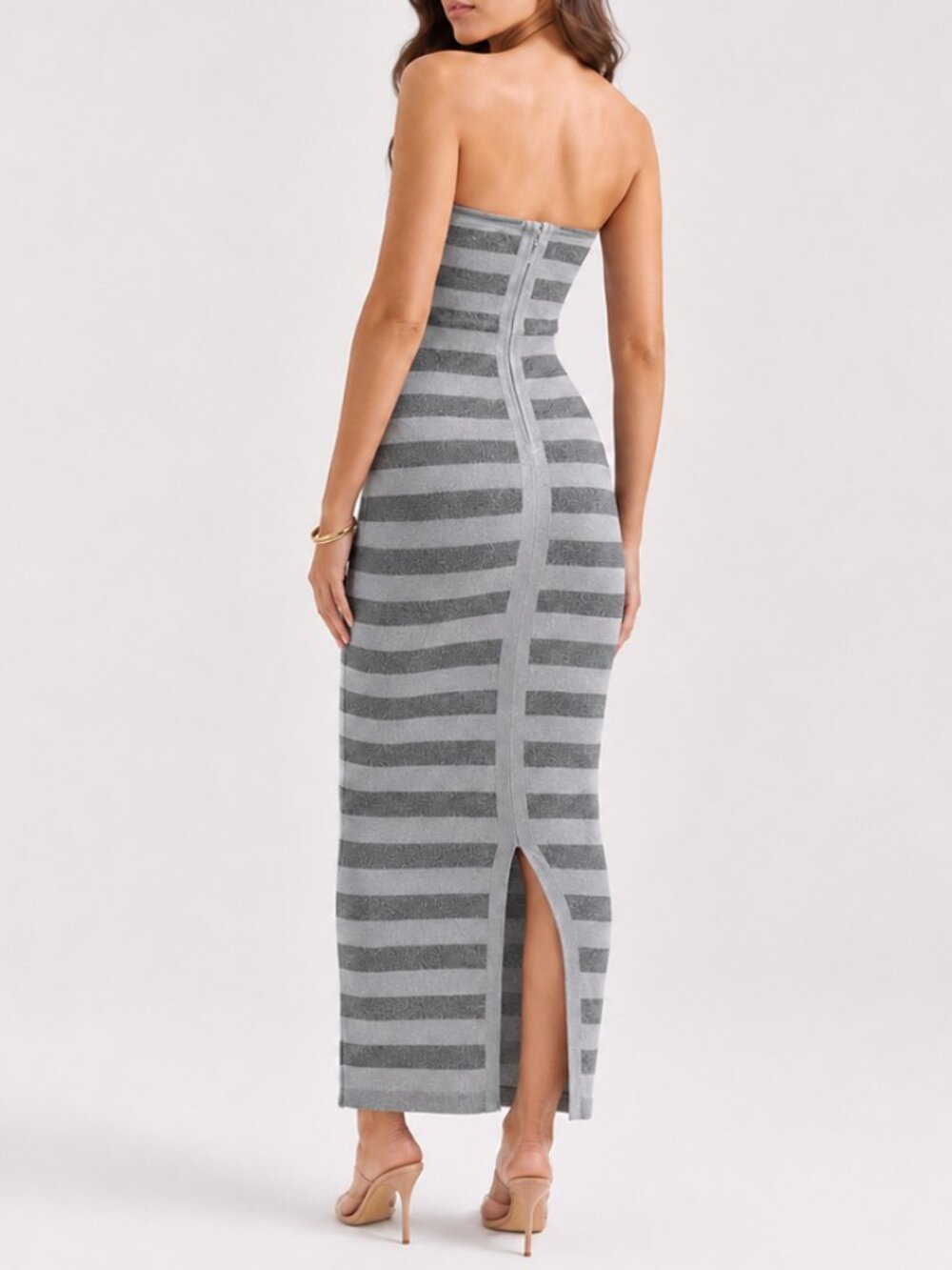 Glam Grey Metallic Shimmer Stripe Tube Bandage Bodycon Maxi Gown - Picture 3 of 6